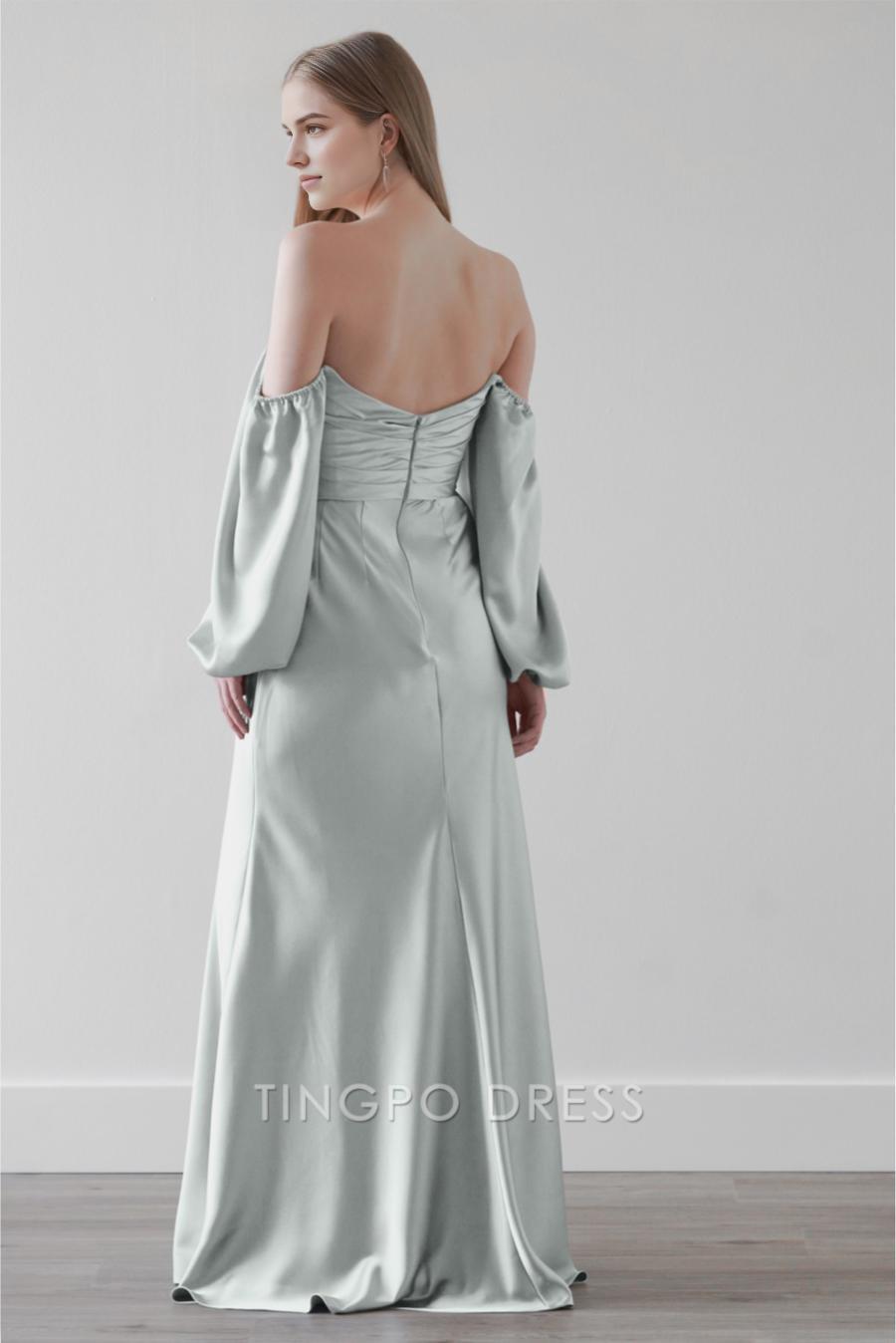 TingPo Wholesale Elegant Strapless one shoulder cinched waistband sleeve floor length dance dress formal women's dress